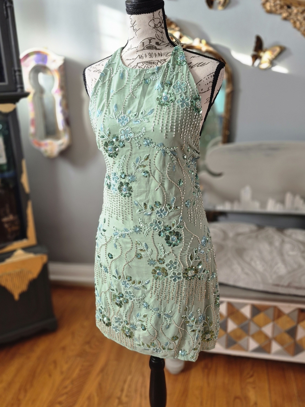 70s Vibe Mint Green Halter Cocktail Dress Medium - Picture 2 of 7